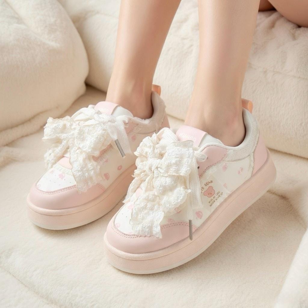 SoftSlipsy Women's Bow Platform Sneakers | Korean Style Lace Up Trainers, Thick Sole Shoes