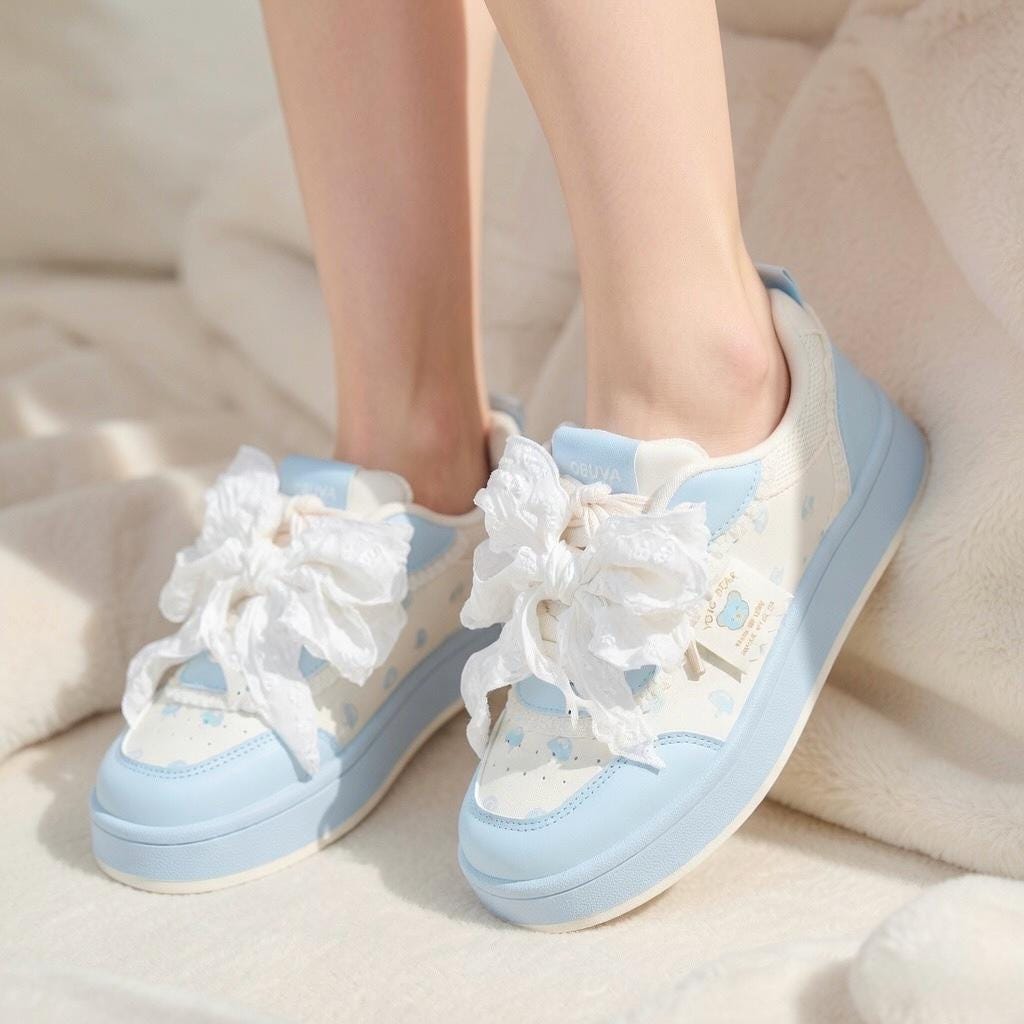 SoftSlipsy Women's Bow Platform Sneakers | Korean Style Lace Up Trainers, Thick Sole Shoes