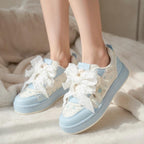 SoftSlipsy Women's Bow Platform Sneakers | Korean Style Lace Up Trainers, Thick Sole Shoes