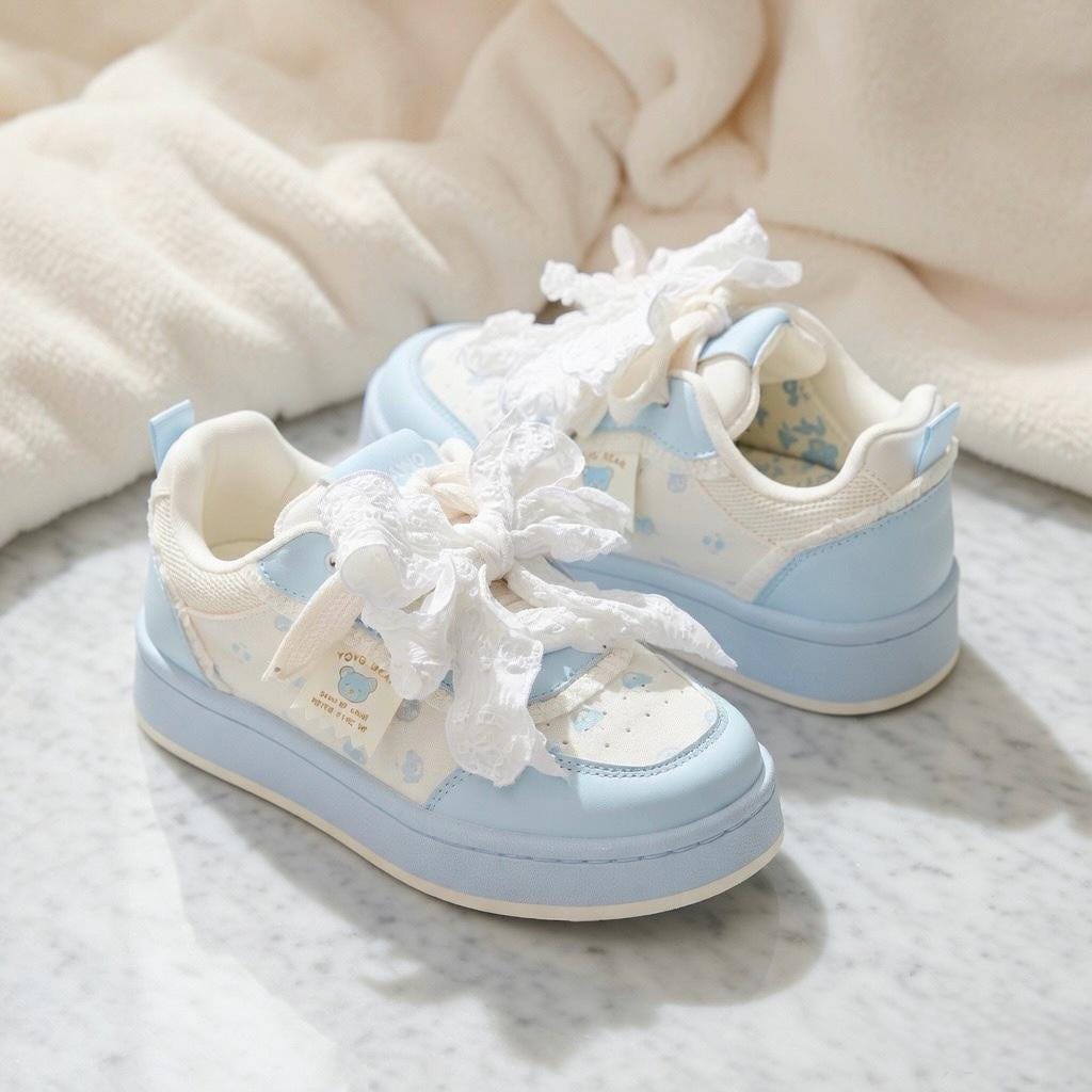 SoftSlipsy Women's Bow Platform Sneakers | Korean Style Lace Up Trainers, Thick Sole Shoes