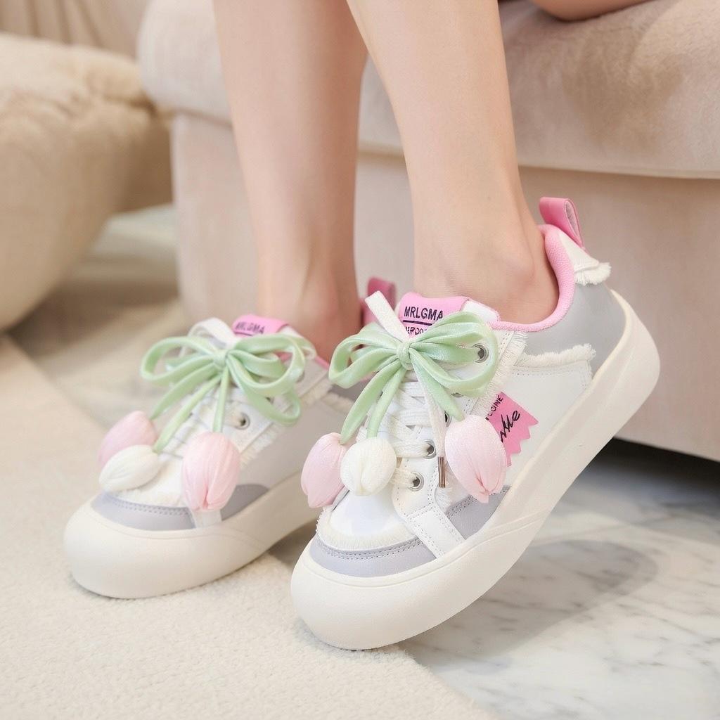 SoftSlipsy Tulip Platform Sneakers Women | Cute Korean Style Mesh Sneakers | Thick Sole Casual Shoes | Soft Girl Lace Up Trainers