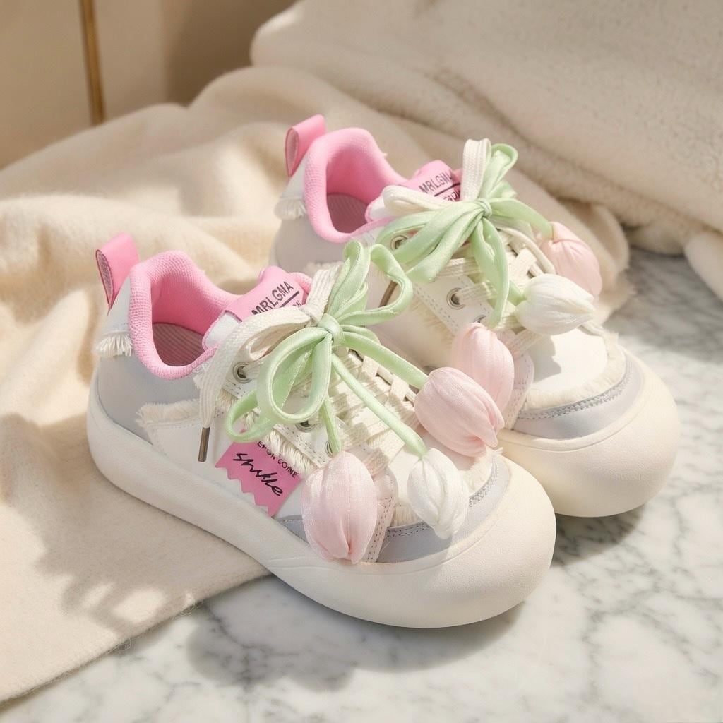 SoftSlipsy Tulip Platform Sneakers Women | Cute Korean Style Mesh Sneakers | Thick Sole Casual Shoes | Soft Girl Lace Up Trainers