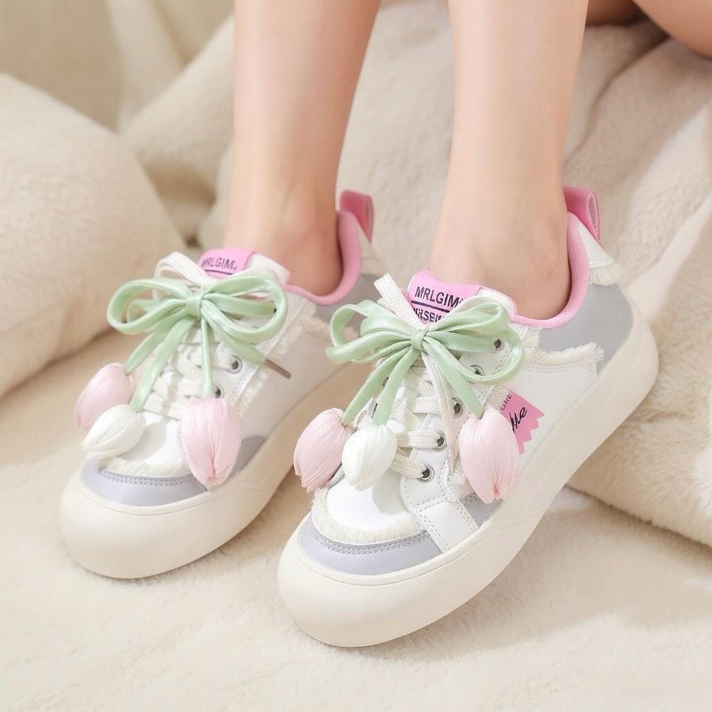 SoftSlipsy Tulip Platform Sneakers Women | Cute Korean Style Mesh Sneakers | Thick Sole Casual Shoes | Soft Girl Lace Up Trainers