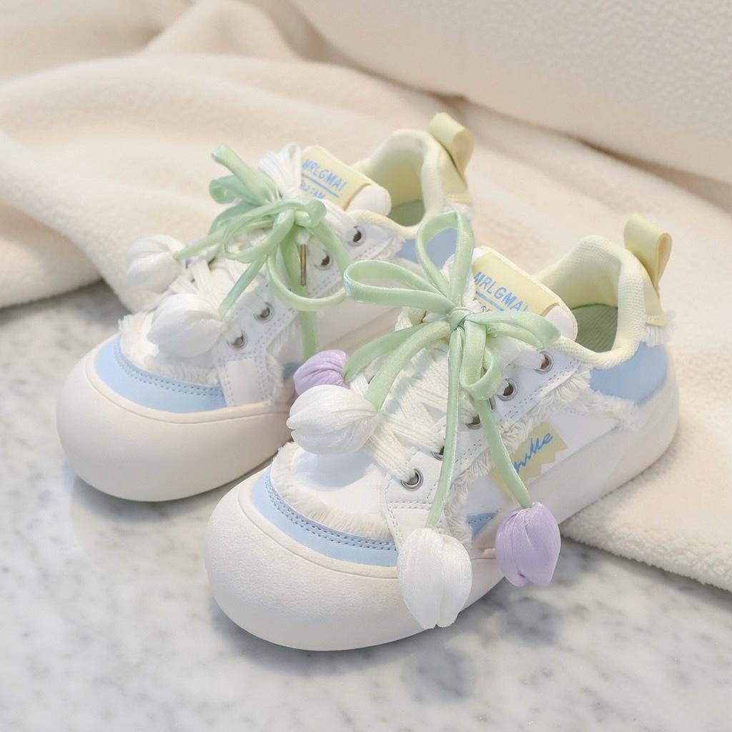 SoftSlipsy Tulip Platform Sneakers Women | Cute Korean Style Mesh Sneakers | Thick Sole Casual Shoes | Soft Girl Lace Up Trainers