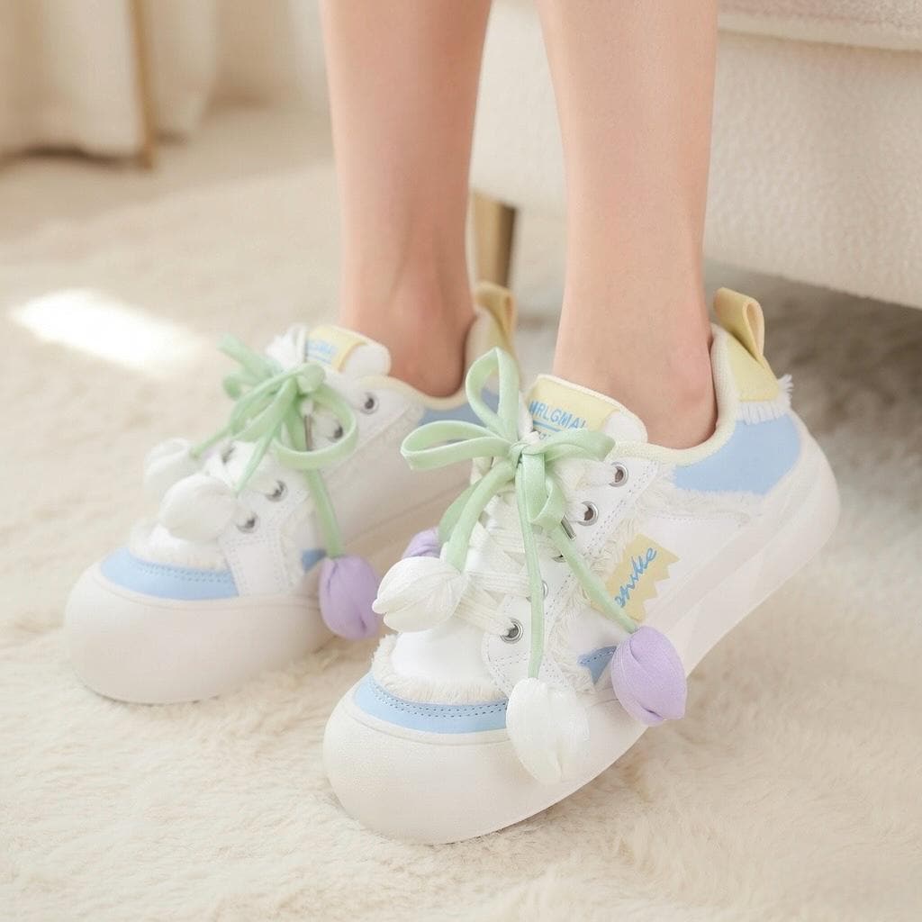 SoftSlipsy Tulip Platform Sneakers Women | Cute Korean Style Mesh Sneakers | Thick Sole Casual Shoes | Soft Girl Lace Up Trainers