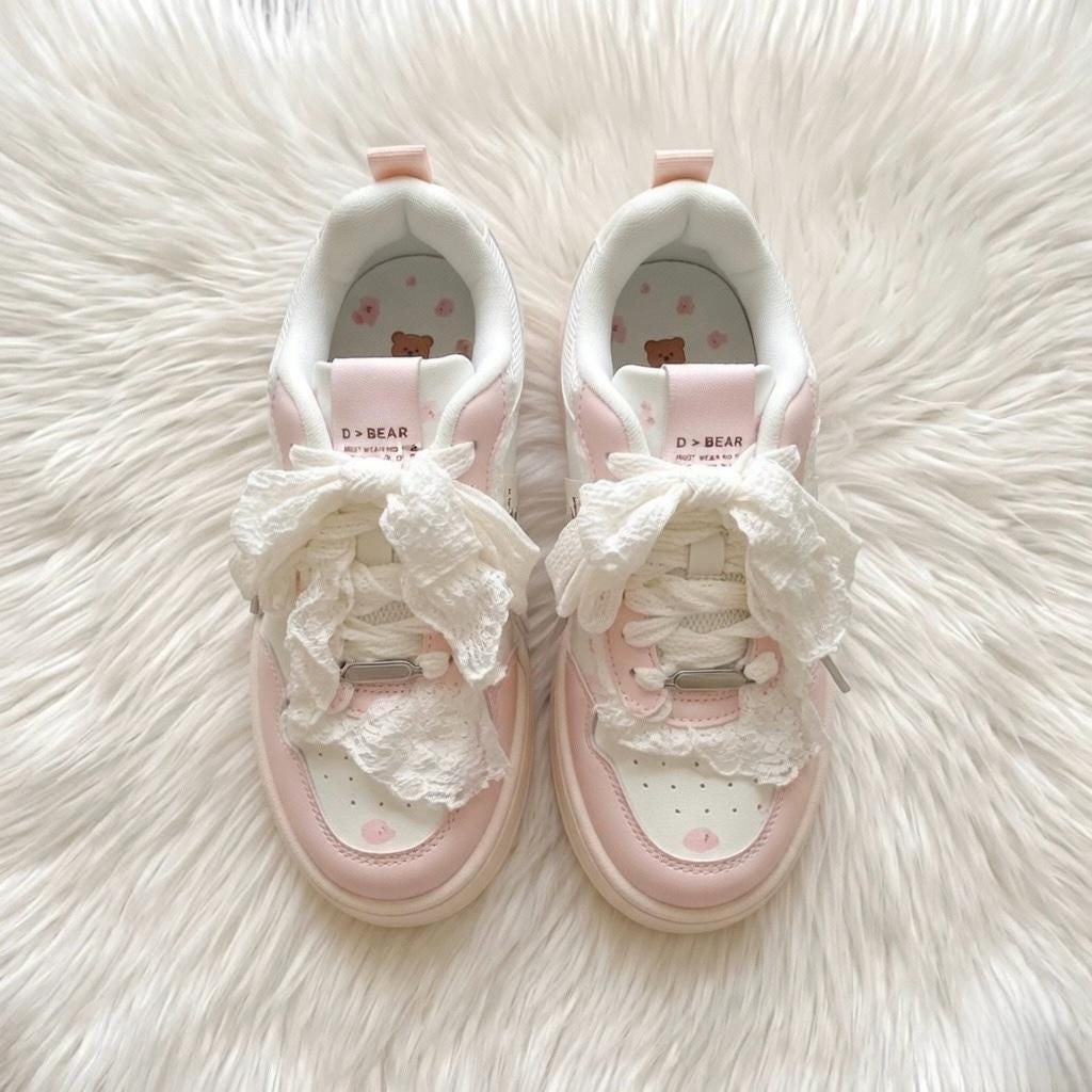 SoftSlipsy Women's Bow Platform Sneakers | Korean Style Lace Up Trainers, Thick Sole Shoes