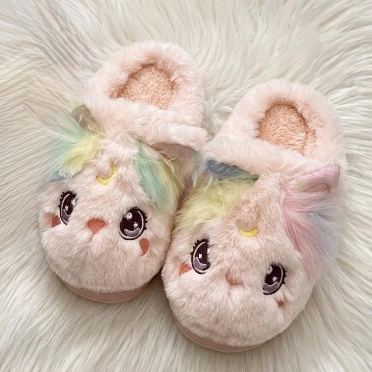 Plush Kitten Slippers | Cozy Rainbow Cat House Shoes, Winter Warmth | SoftSlipsy