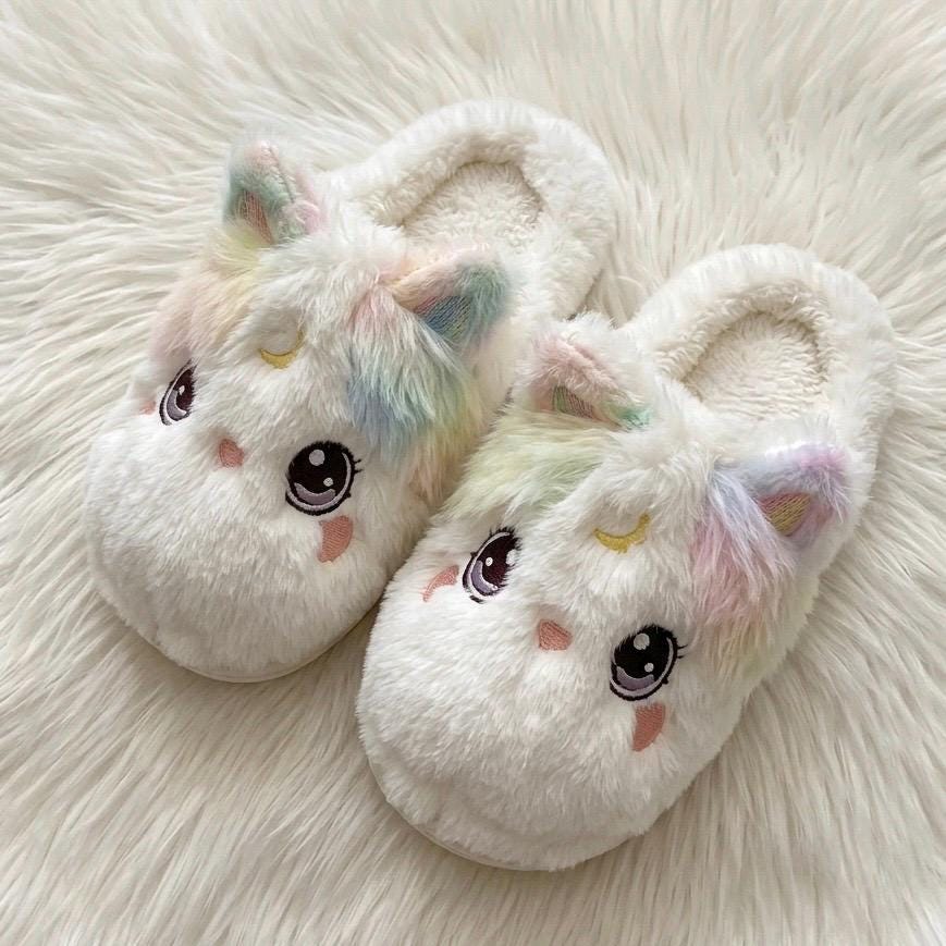 Plush Kitten Slippers | Cozy Rainbow Cat House Shoes, Winter Warmth | SoftSlipsy