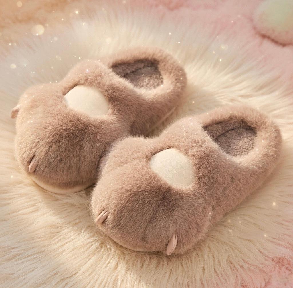 Plush Cat Paw Slippers – Soft Fluffy Indoor House Shoes